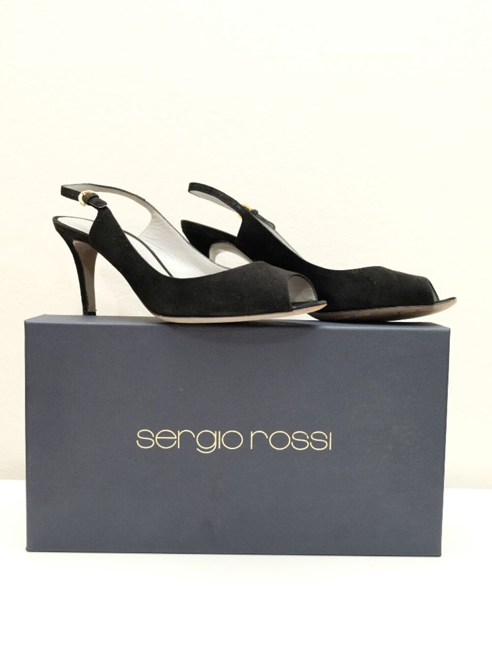 Sergio Rossi Peep-toe slingback pumps, Size 8.5, Black Suede, Good